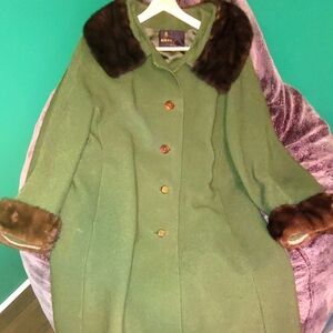 Green jacket with real fur cuffs and collar